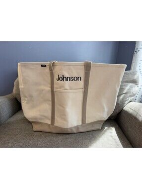 Lands End XL Open Top Canvas Tote Bag Natural Khaki Monogram Johnson New